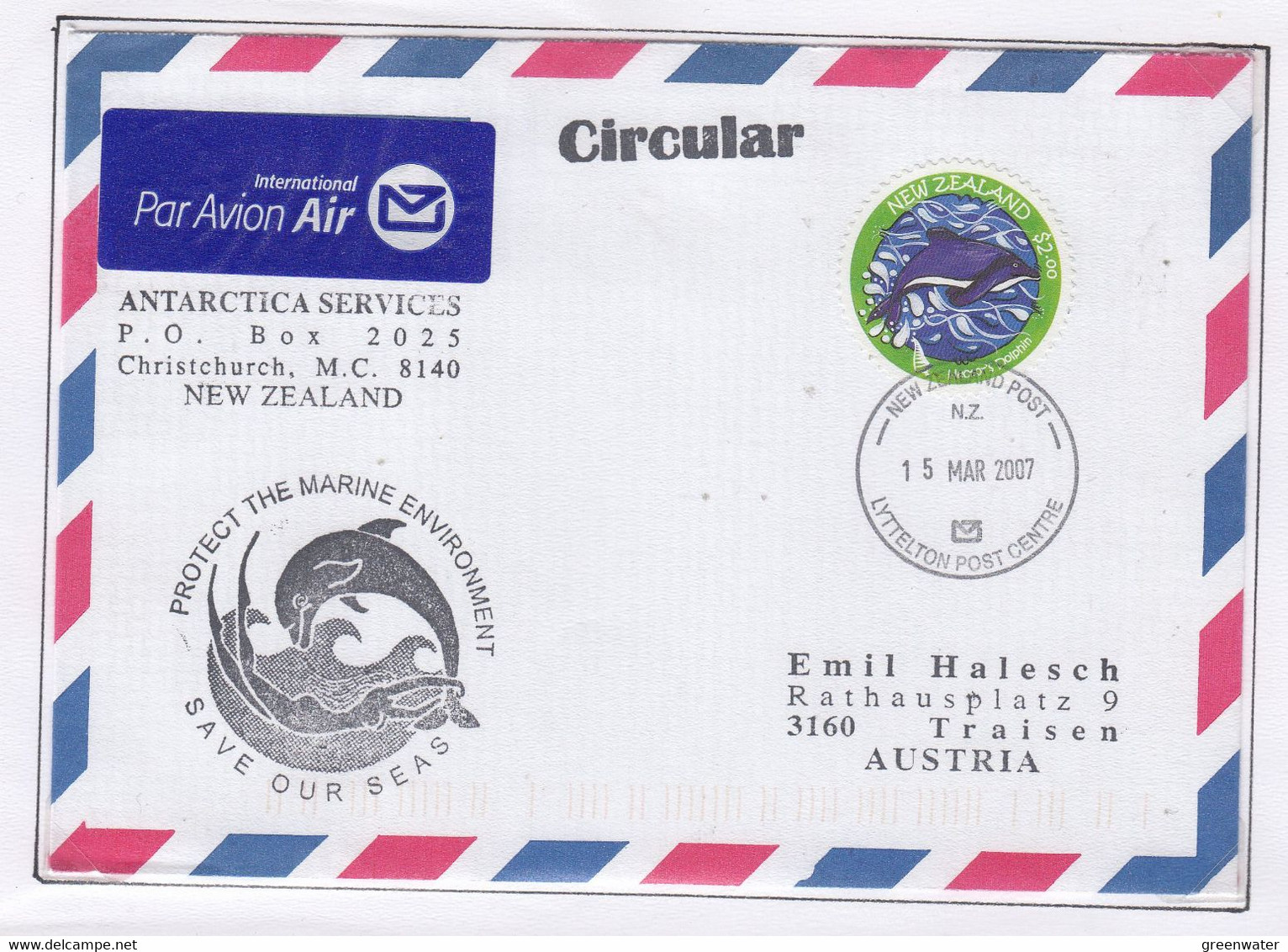 New Zealand 2007 Cover With Circular Stamp Ca Protect The Marine Environment Save Our Seas Ca 15 MAR 2007 (GPA139) - Brieven En Documenten