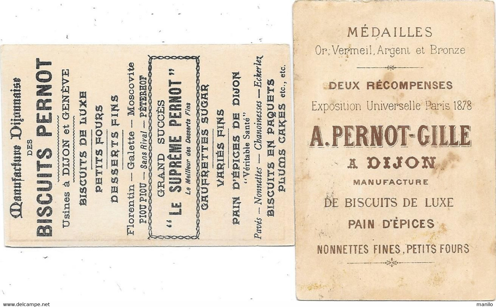 2 Chromo Publicitaire Fin XIXe-  BISCUITS PERNOT Dijon -Nelle CALEDONIE Et A.PERNOT GILLE - PECHEUR DE BISCUITS Tous Gou - Pernot
