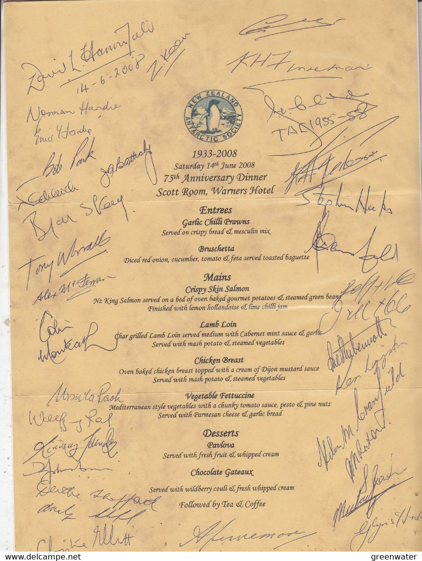 New Zealand Antarctic Soc 2008 Menu Of 75th Ann. Dinner Scott Room,Warners Hotel With Signature Participants (GPA140) - Cartas & Documentos