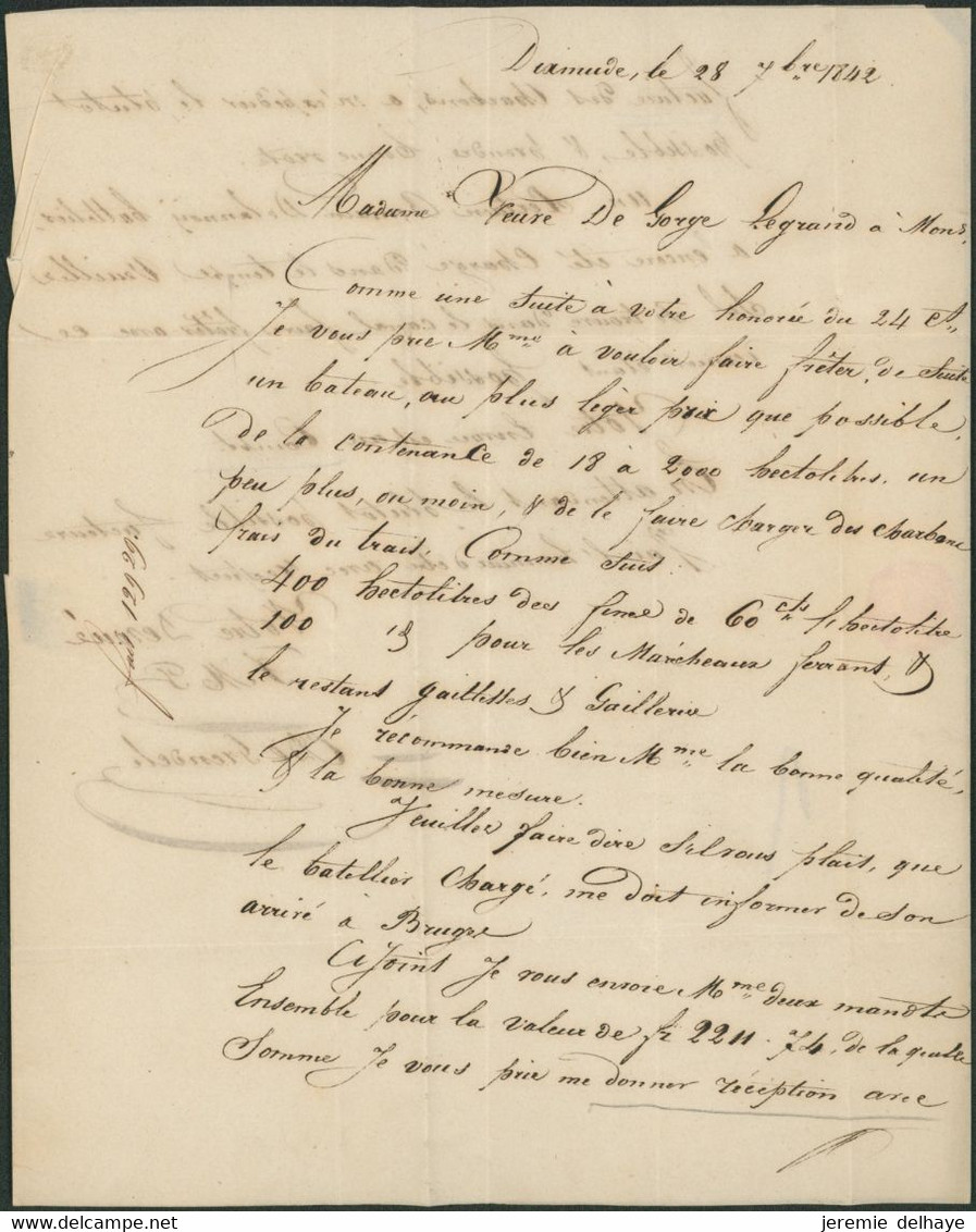 Précurseur - LAC Datée De Dixmude (1842) + Cachet Dateur Et Port 3 Décimes > Mons - 1815-1830 (Holländische Periode)
