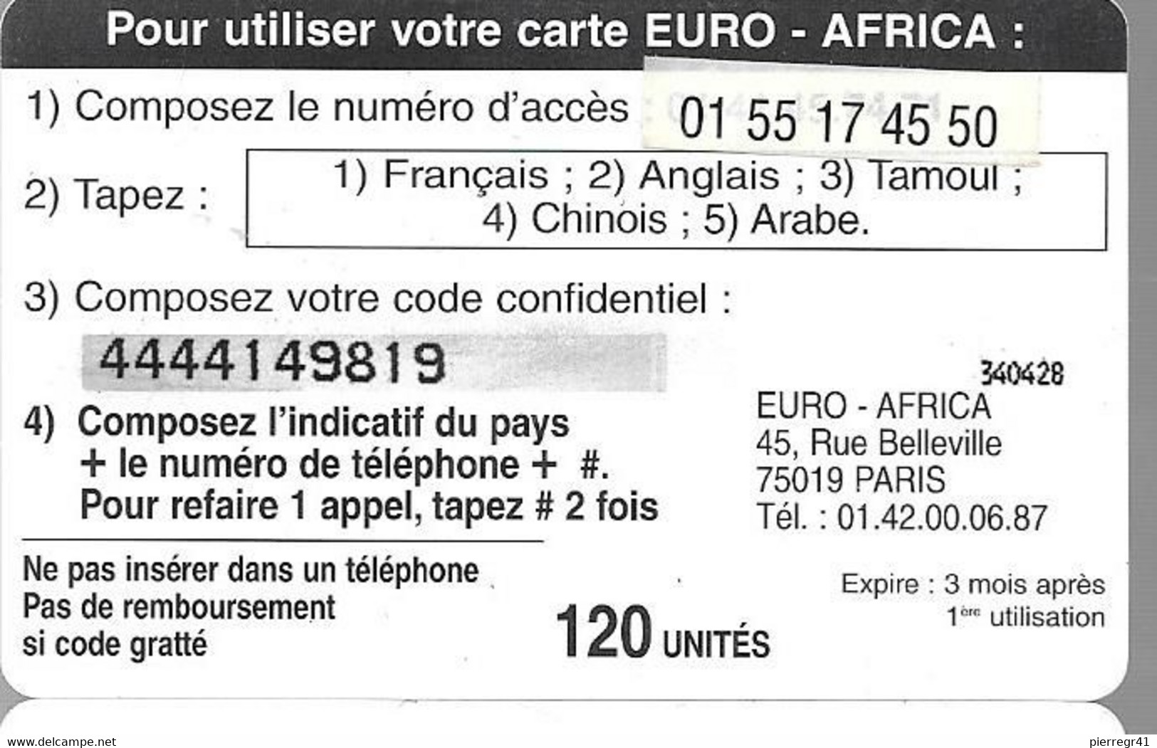 CARTE-PREPAYEE-1997/EURO-AFRICA-120U-VACHES-Gratté-PlasticFin Glacé-V°Autocollant N° Téléphone Acces-TBE/RARE - Kühe