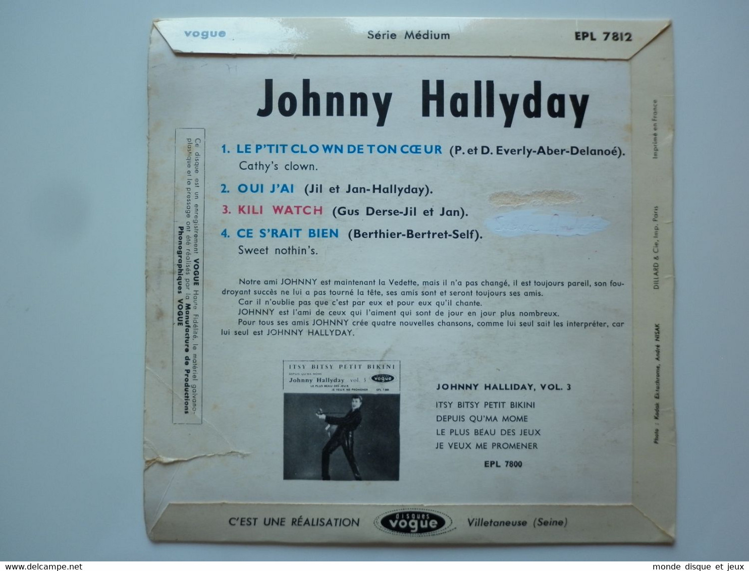 Johnny Hallyday 45T EP Vinyle Kili Watch / Ce S'rait Bien Vogue - 45 T - Maxi-Single