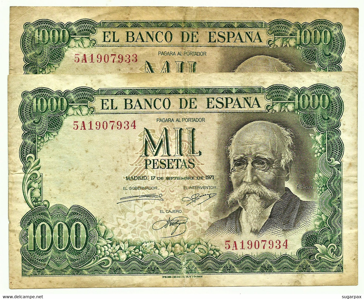 ESPAÑA - 2 X 1000 Pesetas Consecutive - 17.09.1971 ( 1974 ) - Pick 154 - Serie 5A - José Echegaray - 1.000 - 1000 Pesetas