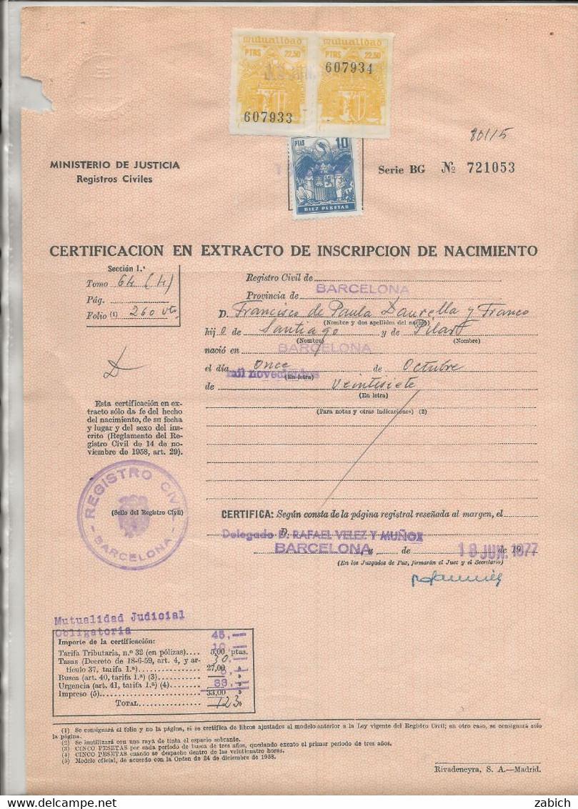 FISCAUX ESPAGNE Sur Casier Judiciaire 10 Pesetas Bleu + Timbre Mutualidad 22,50 Jaune X 2  1977 - Fiscali