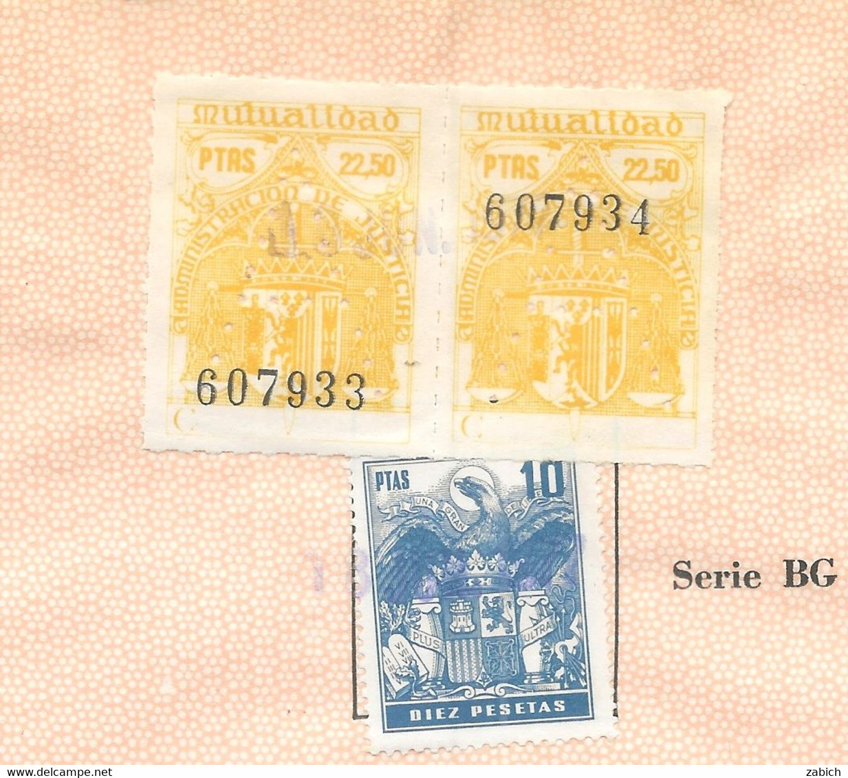 FISCAUX ESPAGNE Sur Casier Judiciaire 10 Pesetas Bleu + Timbre Mutualidad 22,50 Jaune X 2  1977 - Revenue Stamps