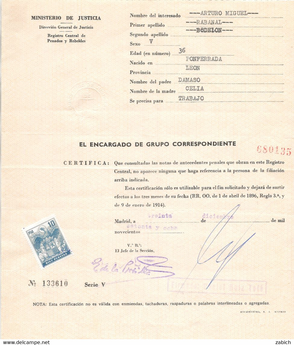 FISCAUX ESPAGNE Sur Casier Judiciaire 10 Pesetas Bleu   1978 - Revenue Stamps
