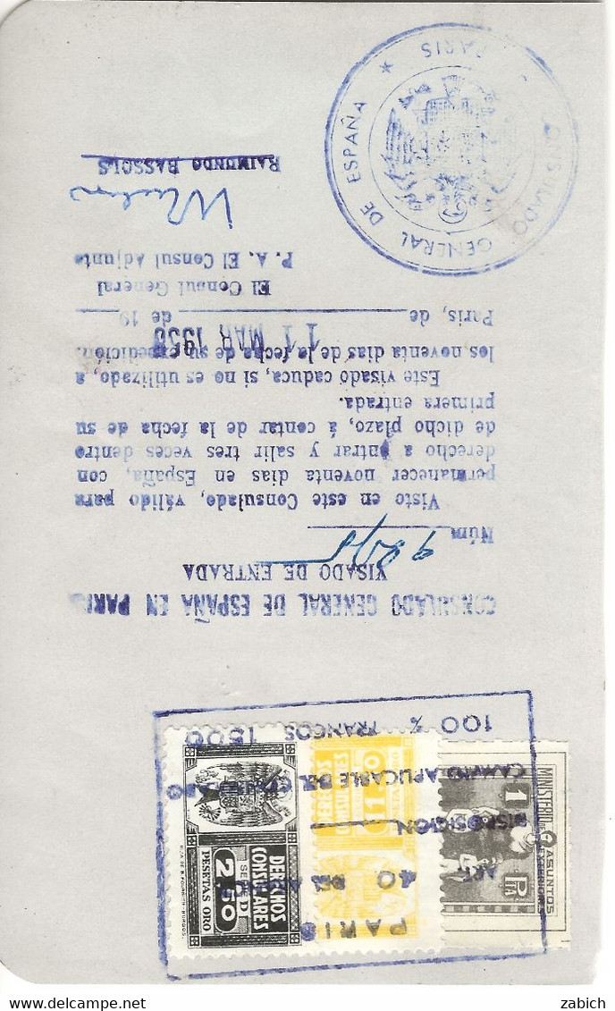 FISCAUX ESPAGNE Sur Visa De Passeport 1958 - Revenue Stamps