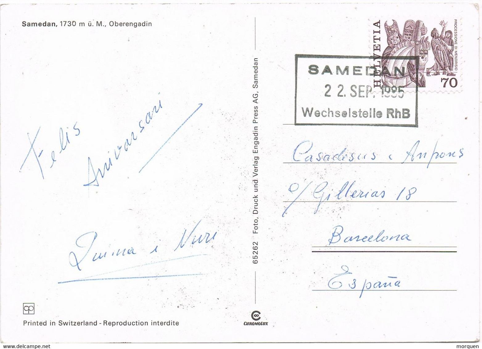 43684. Postal SAMEDAN (Grisones) Suisse 1985. Ificina De Intercambio - Storia Postale