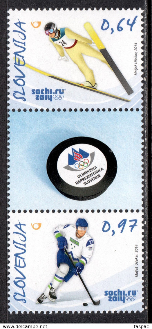 Slovenia 2014 Mi# 1043-1044 ** MNH - Strip Of 3 - Winter Olympic Games, Sochi / Ski-jumping / Ice Hockey - Inverno 2014: Sotchi