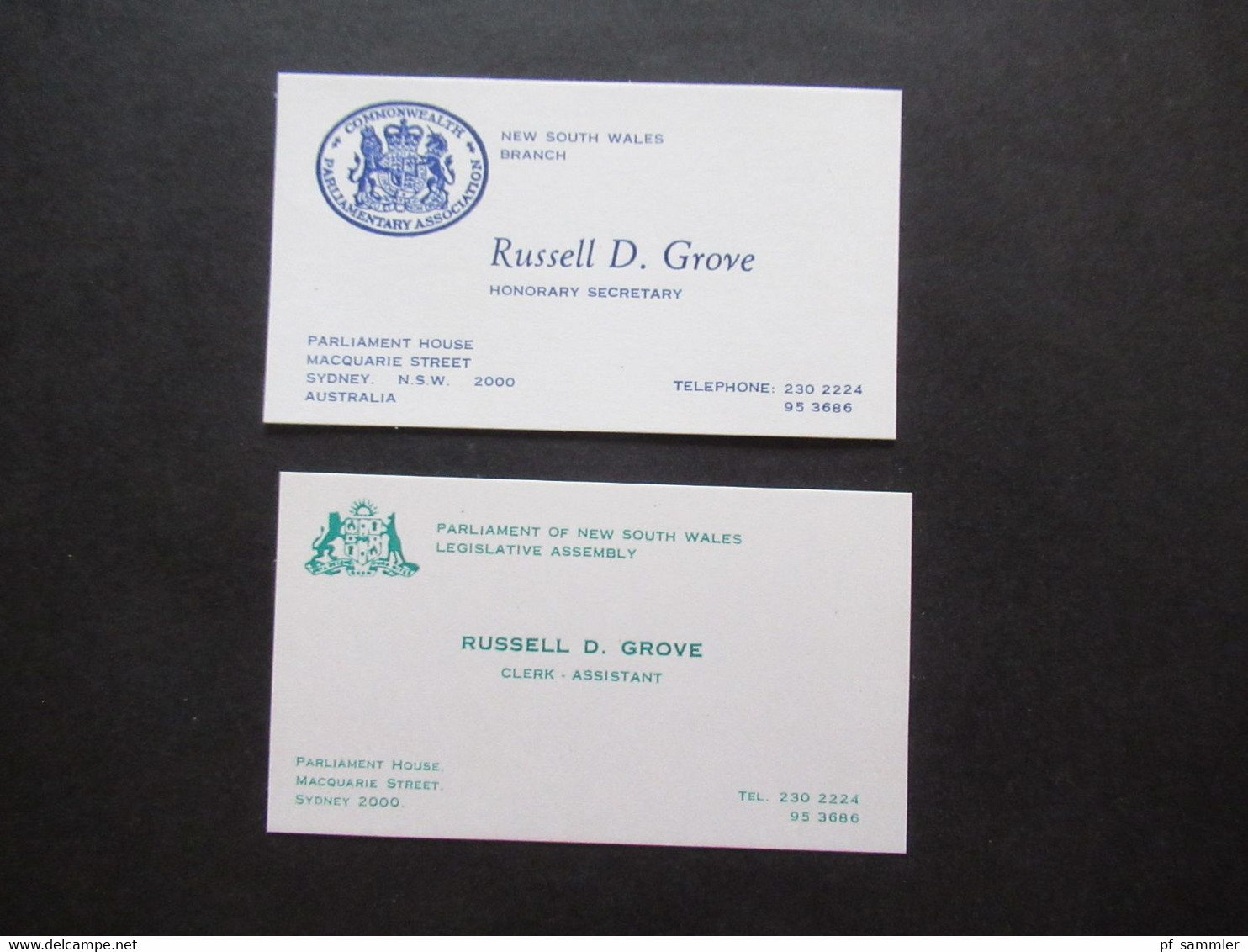 Regierung Australien Parliament House Visitenkarten Russell D. Grove Honorary Secretary /Clerk Assistant New South Wales - Visiting Cards