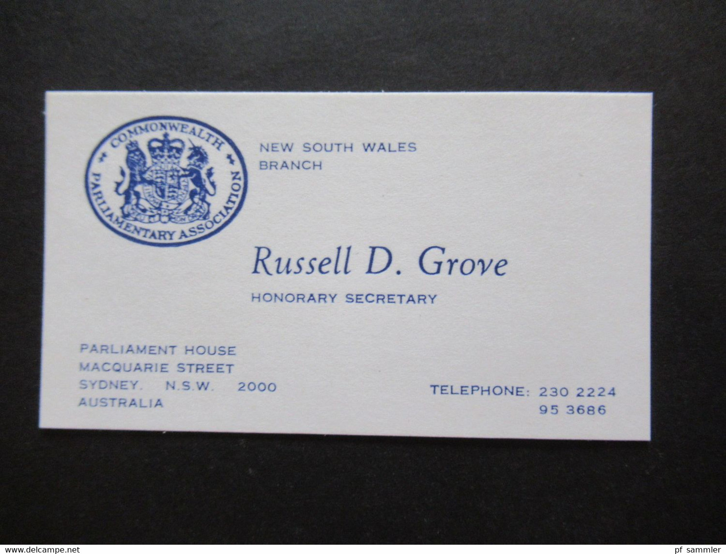 Regierung Australien Parliament House Visitenkarten Russell D. Grove Honorary Secretary /Clerk Assistant New South Wales - Visitenkarten