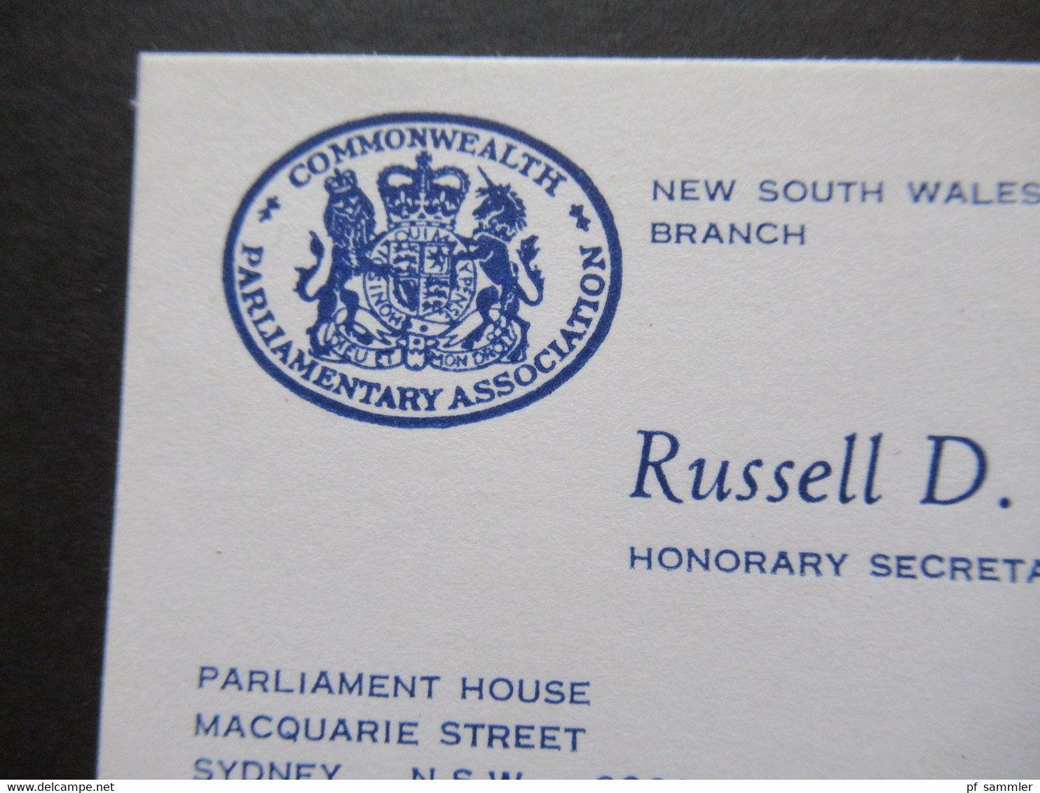 Regierung Australien Parliament House Visitenkarten Russell D. Grove Honorary Secretary /Clerk Assistant New South Wales - Cartes De Visite