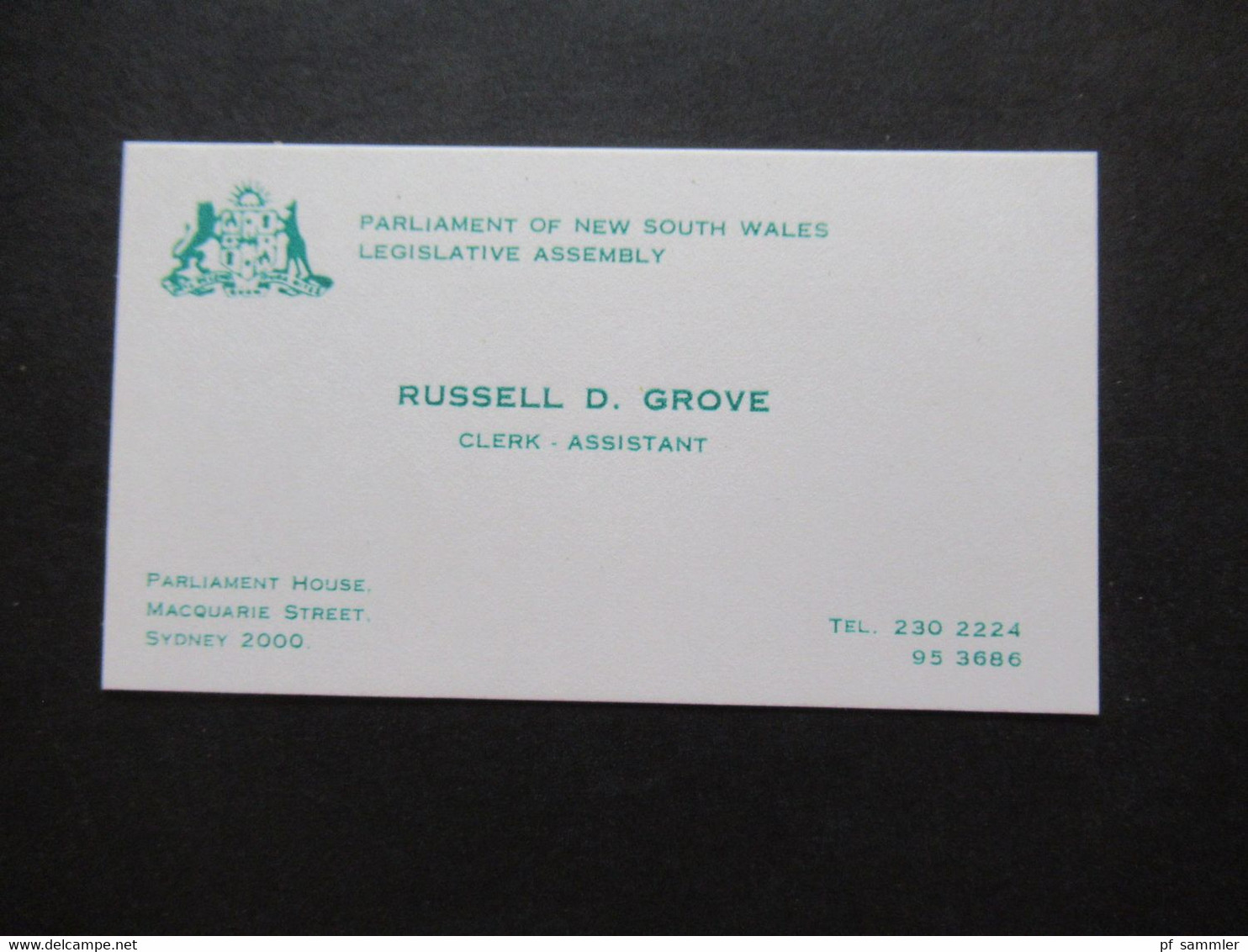 Regierung Australien Parliament House Visitenkarten Russell D. Grove Honorary Secretary /Clerk Assistant New South Wales - Cartoncini Da Visita