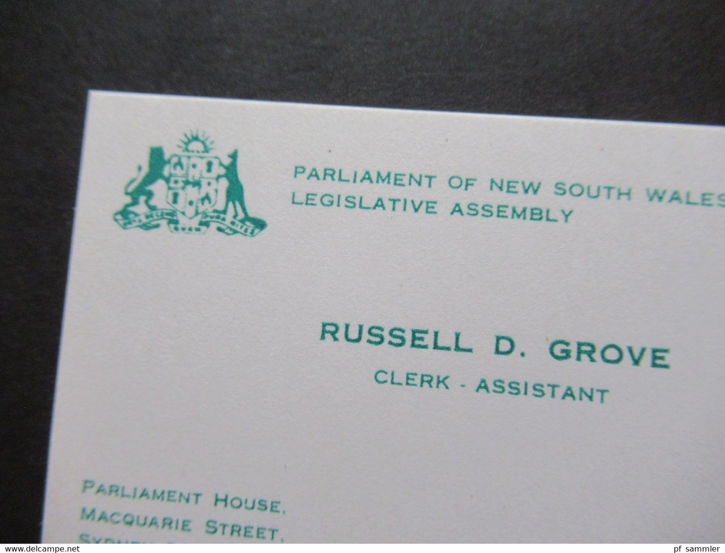 Regierung Australien Parliament House Visitenkarten Russell D. Grove Honorary Secretary /Clerk Assistant New South Wales