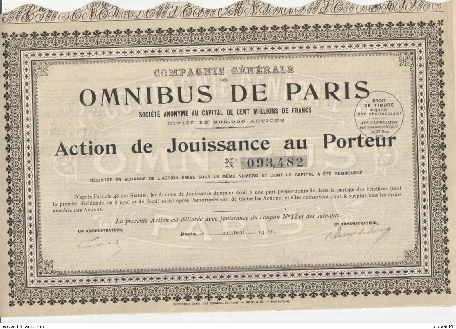 Action Jouissance Au Porteur 093482 Compagnie Générale OMNIBUS DE PARIS 1926 - 2 Scan - Transports