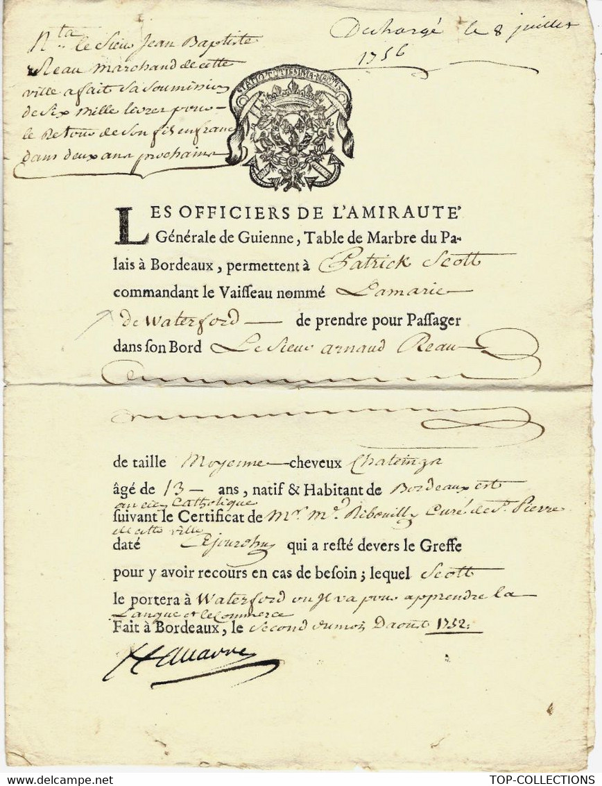 1732 ENTETE AMIRAUTE DE GUIENNE GUYENNE BORDEAUX EMBARQUEMENT PASSAGER DE 13 ANS  NEGOCE COMMERCE APPRENTISSAGE - Documents Historiques