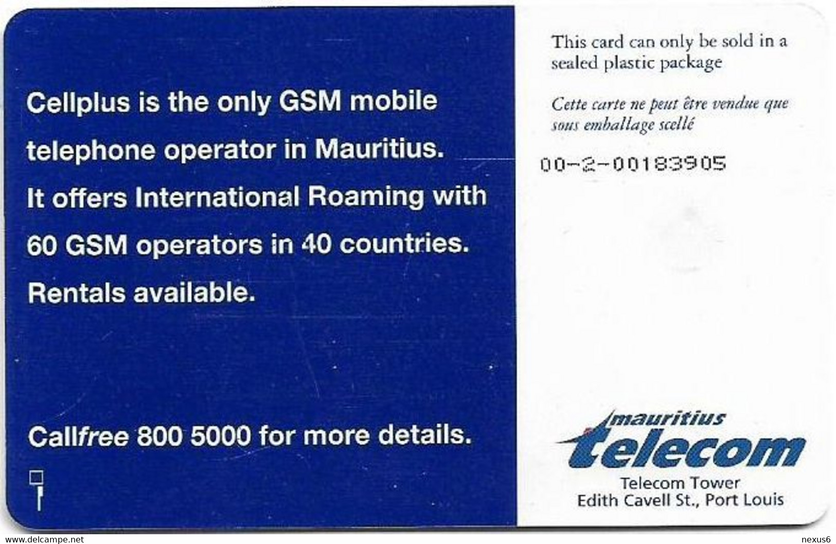 Mauritius - Mauritius Telecom (Chip) - Cellplus - Gem2 Black, 1998, 500U, 40.000ex, Used - Mauricio