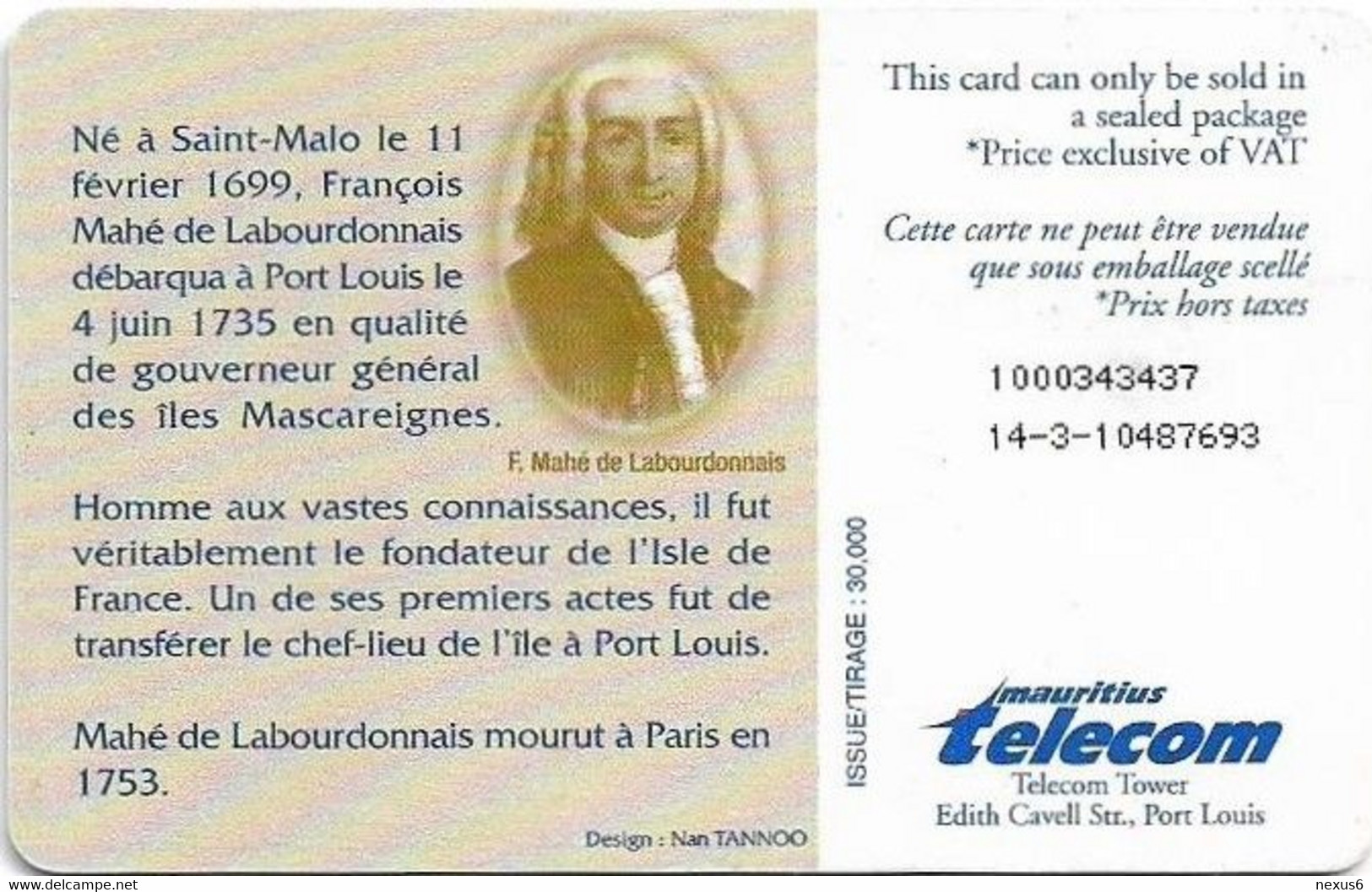 Mauritius - Mauritius Telecom (Chip) - F. Mahé De Labourdonnais, Gem5 Red, 1999, 55U, 30.000ex, Used - Maurice