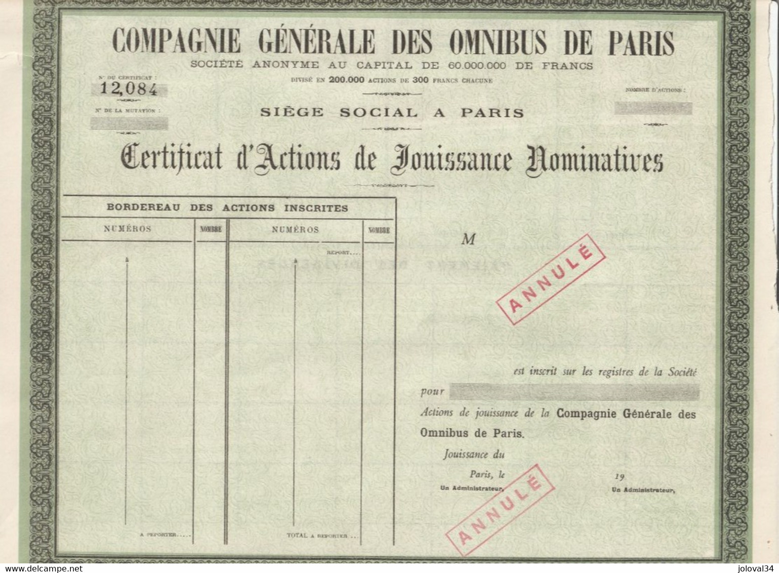 Certificat D' Actions Jouissance Nominatives 12084 Compagnie Générale OMNIBUS DE PARIS  - 2 Scan - Transport