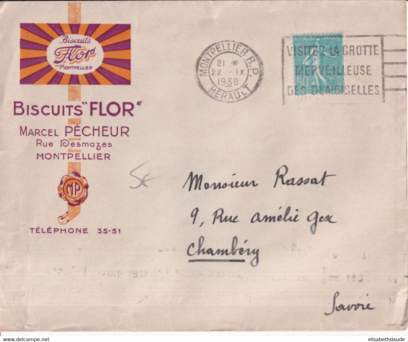 1938 - SEMEUSE / ENVELOPPE PUB ILLUSTREE "BISCUITS FLOR" à MONTPELLIER (HERAULT) - 1903-60 Sower - Ligned