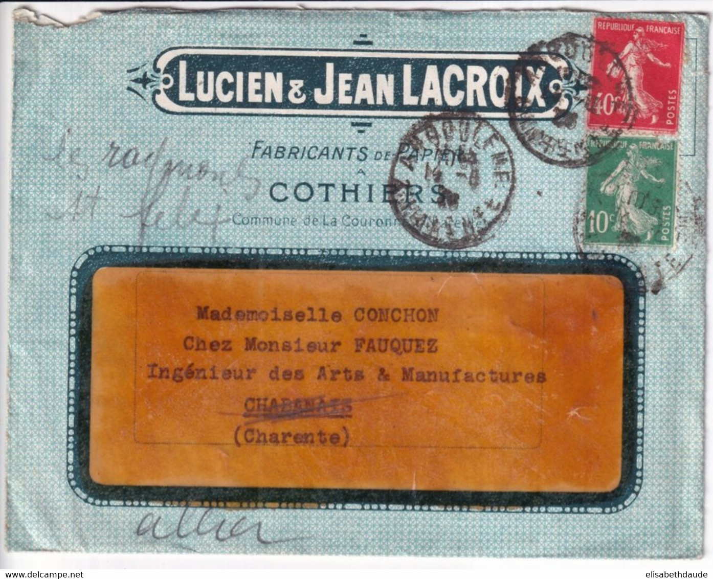 1928 - SEMEUSE / ENVELOPPE PUB ILLUSTREE "FABRICANTS PAPIER LACROIX" à COTHIERS (CHARENTE) - 1906-38 Säerin, Untergrund Glatt