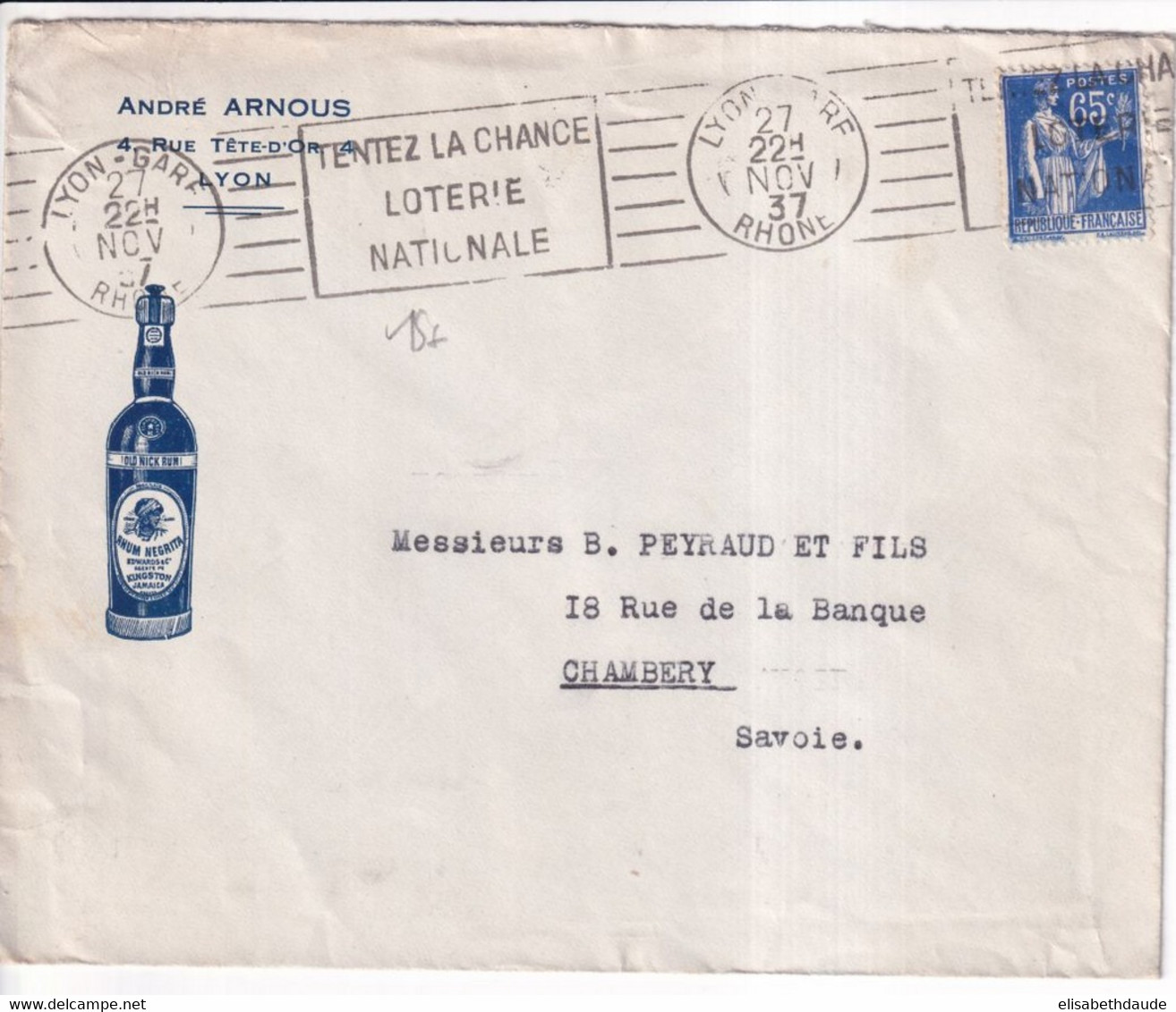 1937 - PAIX / ENVELOPPE PUB ILLUSTREE "RHUM NEGRITA" à LYON - ALCOOL - 1932-39 Paix