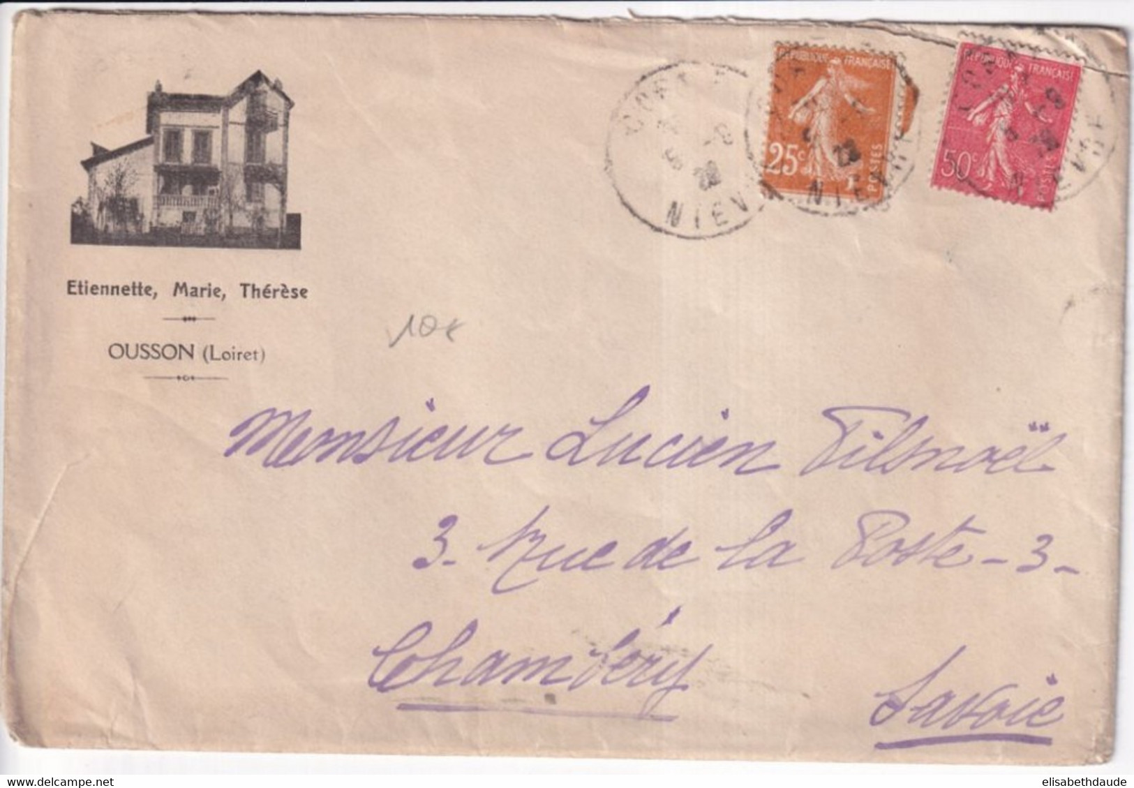 1928 - SEMEUSE / ENVELOPPE PRIVEE ILLUSTREE "ETIENNETTE MARIE ET THERESE" à OUSSON (LOIRET) - 1906-38 Semeuse Camée