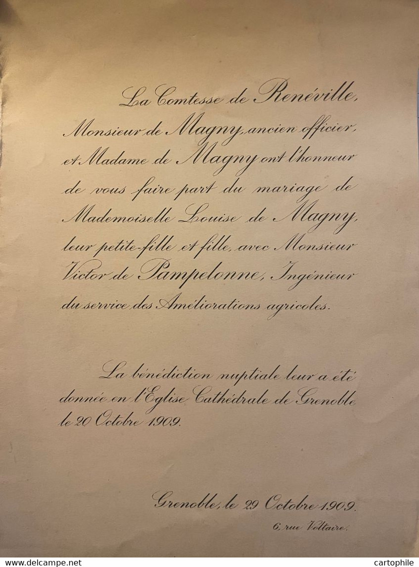 Noblesse - Faire Part De Mariage Entre La Comtesse Louise De Magny Et Victor De Pampelonne Ingenieur En 1909 à Grenoble - Hochzeit