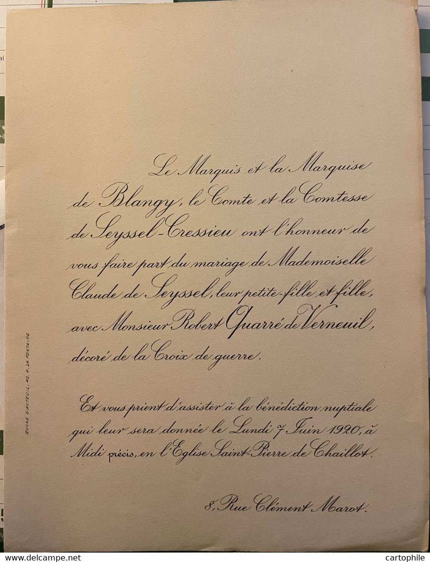 Noblesse - Faire Part De Mariage Entre Robert Quarré De Verneuil Et Claude De Seyssel En 1920 Paris Marquis Blangy Comte - Boda