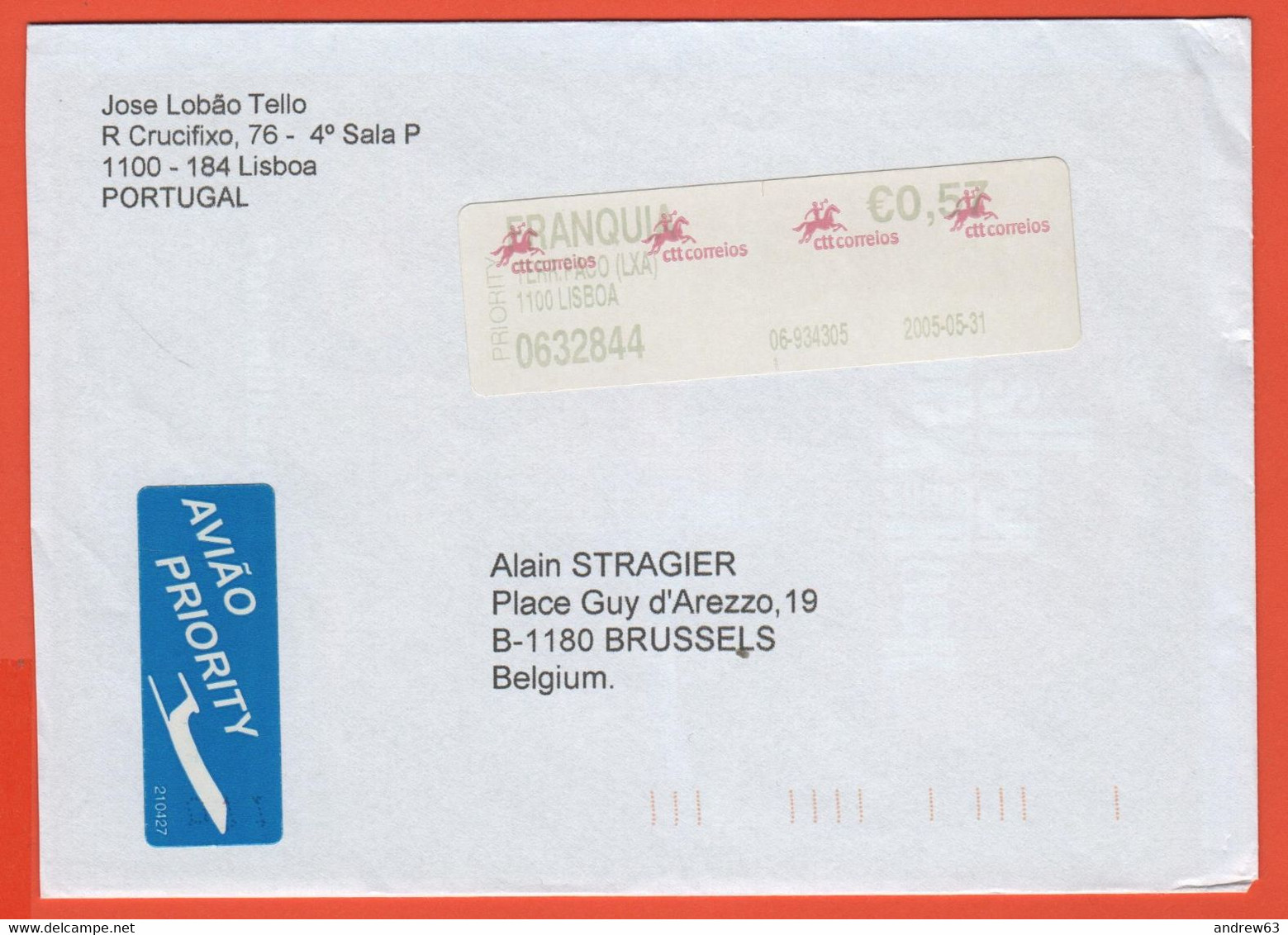 PORTOGALLO - PORTUGAL - 2005 - 0,57€ Postage Paid - Viaggiata Da Lisboa Per Bruxelles, Belgium - Covers & Documents