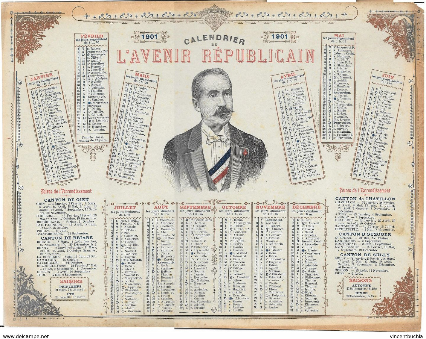 Calendrier De L'Avenir Républicain 1901 Feuille Cartonnée 32 X 24,5cm Foires Ardsmnt Gien Briare Chatillon Ouzouer Sully - Grossformat : 1901-20