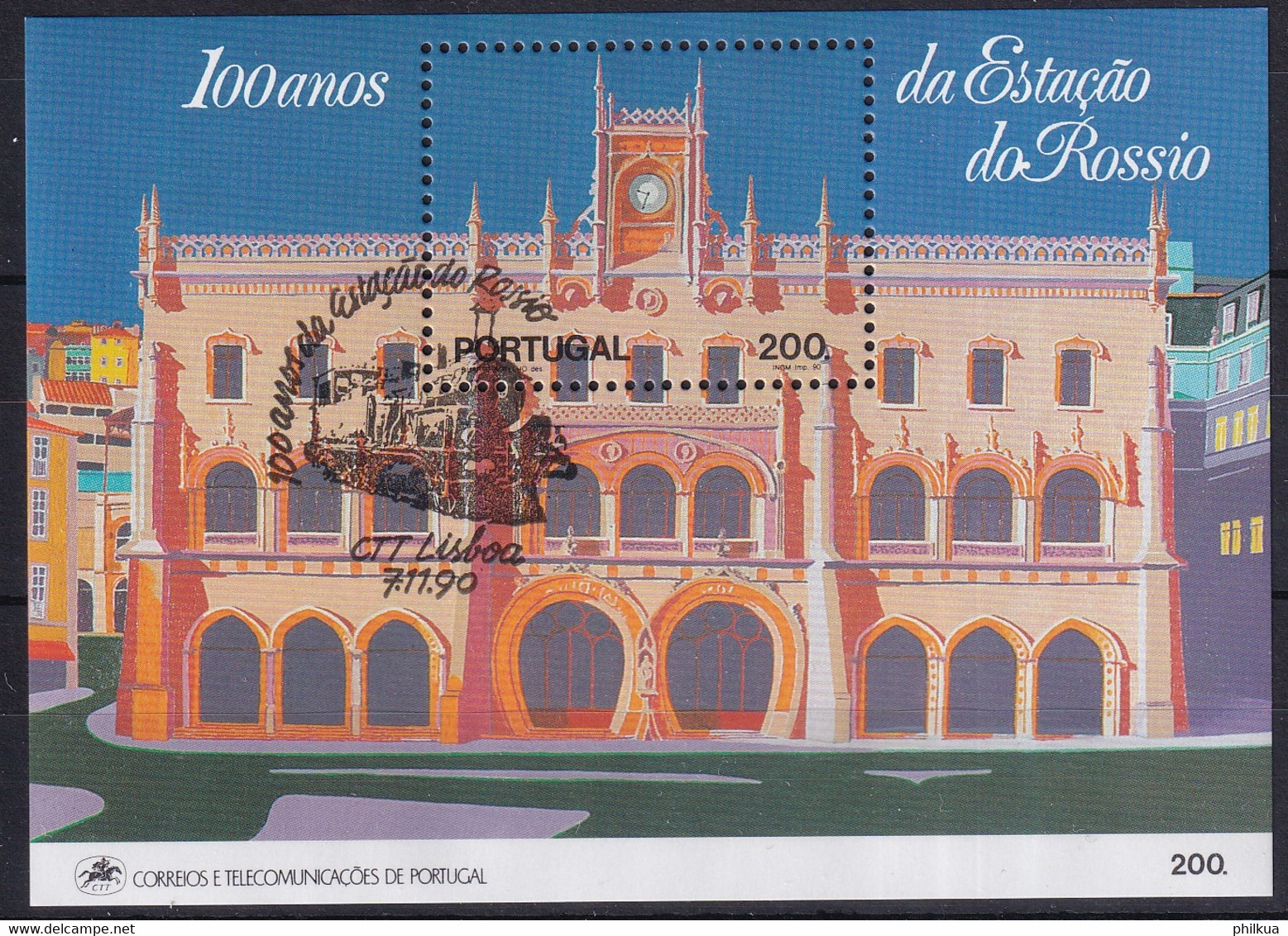MiNr. 1842 - 1846 (Block 75) Portugal1990, 7. Nov. 100 Jahre Rossio-Bahnhof, Lissabon - Usati