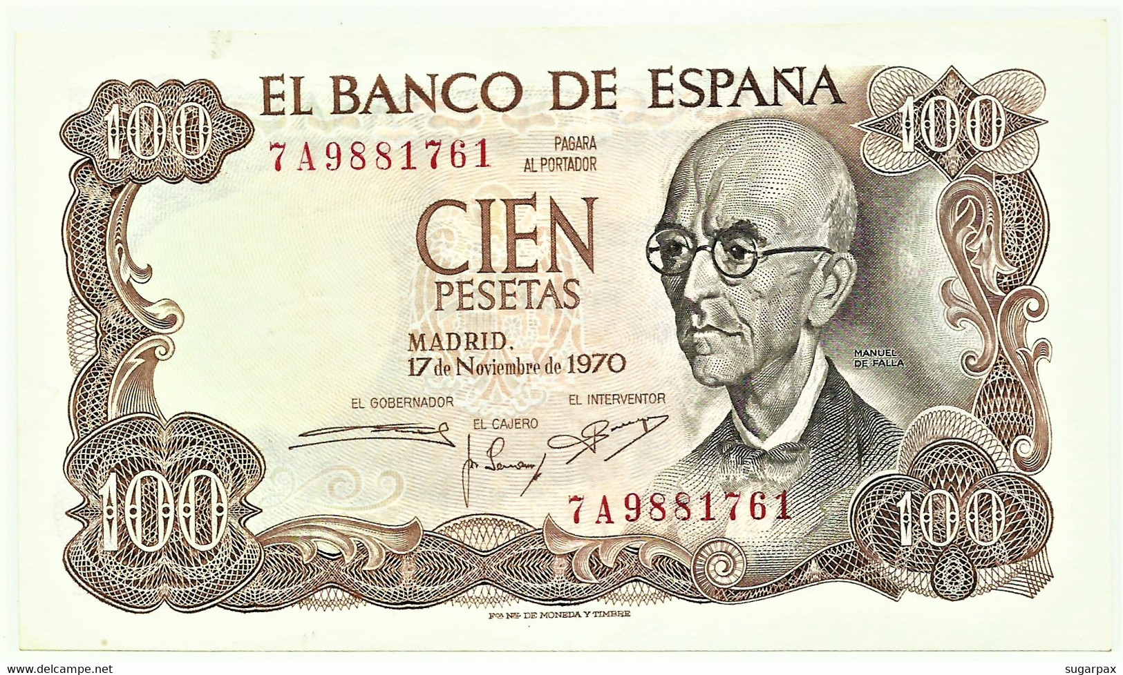 ESPAÑA - 100 Pesetas - 17.11.1970 ( 1974 ) - Pick 152 - Serie 7A - Manuel De Falla - 100 Pesetas