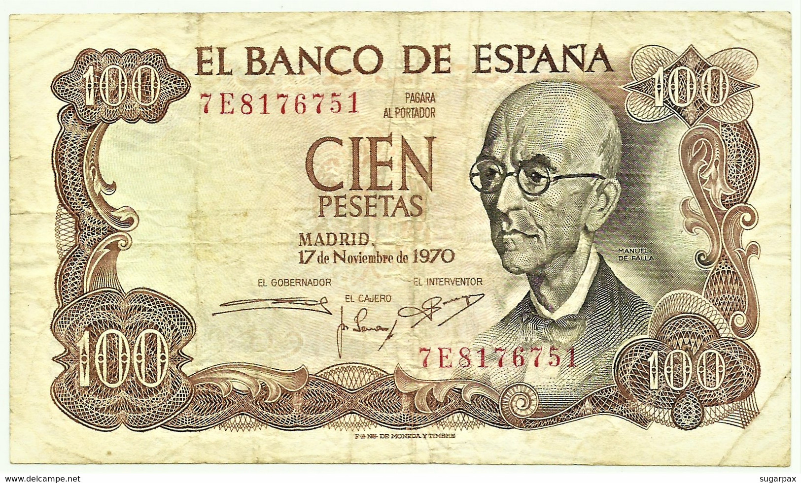 ESPAÑA - 100 Pesetas - 17.11.1970 ( 1974 ) - Pick 152 - Serie 7E - Manuel De Falla - 100 Pesetas