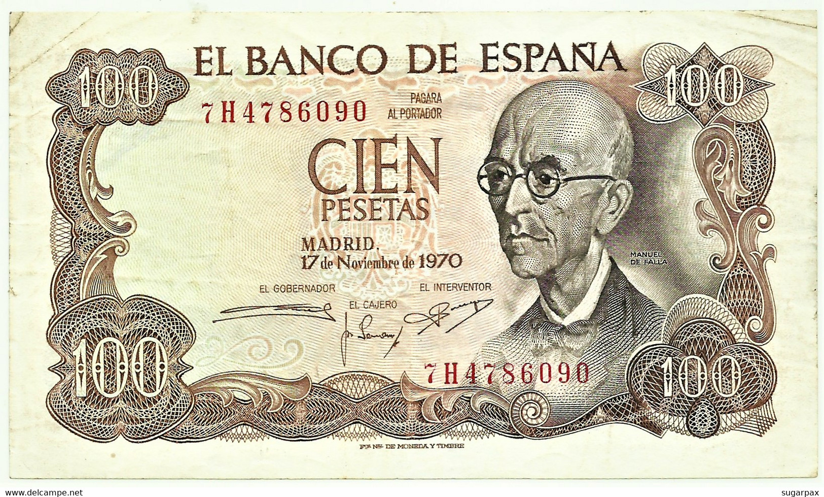 ESPAÑA - 100 Pesetas - 17.11.1970 ( 1974 ) - Pick 152 - Serie 7H - Manuel De Falla - 100 Pesetas