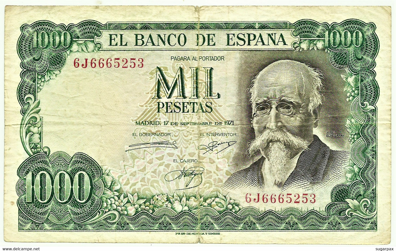 ESPAÑA - 1000 Pesetas - 17.09.1971 ( 1974 ) - Pick 154 - Serie 6J - José Echegaray - 1.000 - 1000 Pesetas