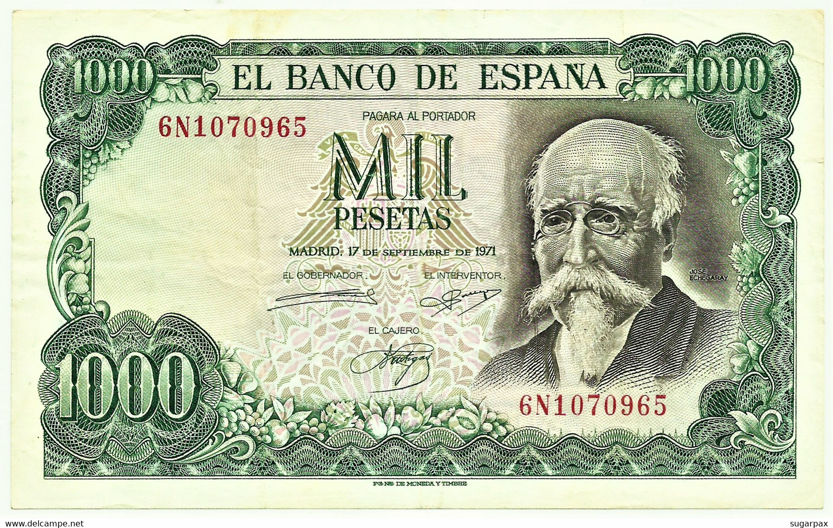 ESPAÑA - 1000 Pesetas - 17.09.1971 ( 1974 ) - Pick 154 - Serie 6N - José Echegaray - 1.000 - 1000 Pesetas