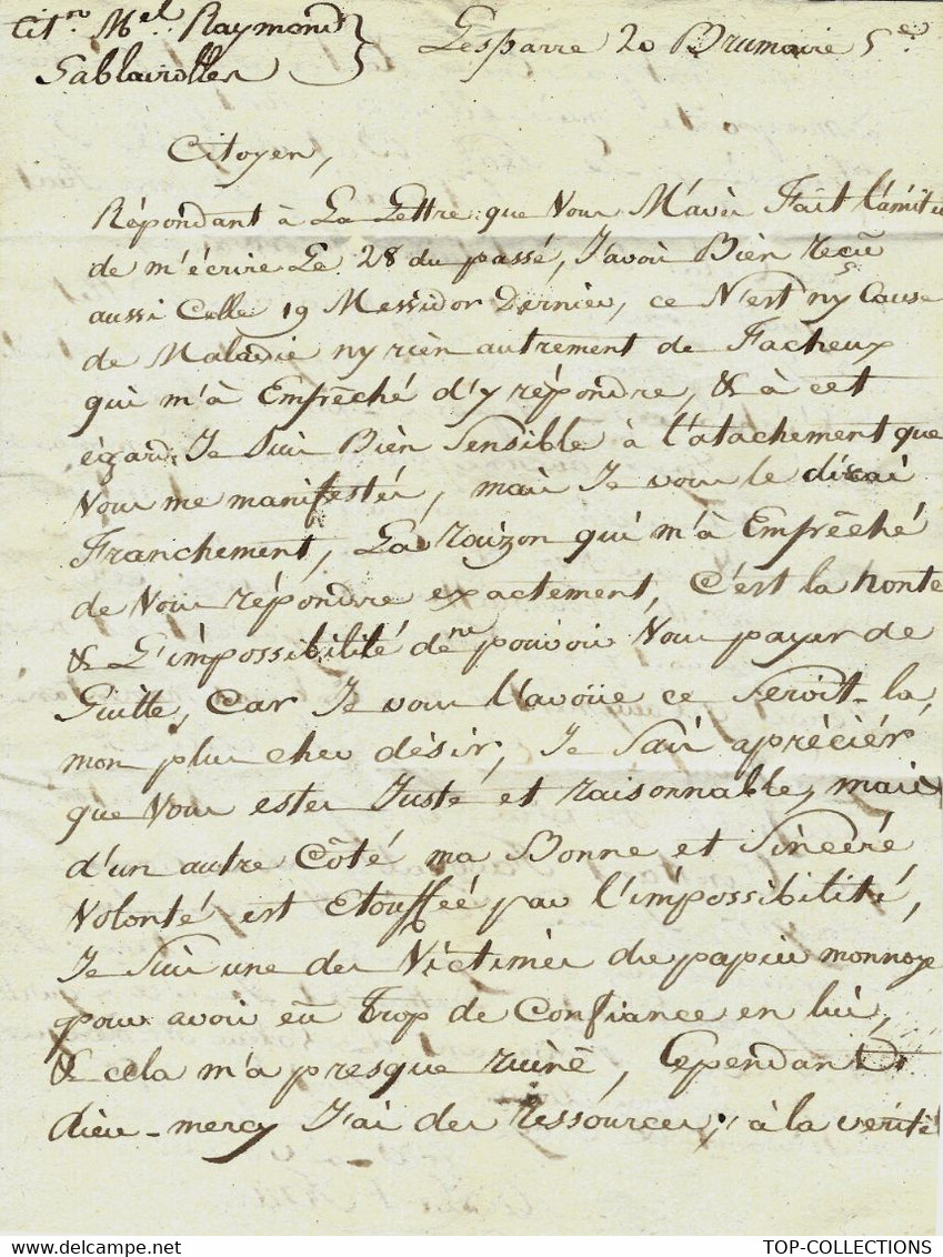 1797 De Lesparre Gironde MARQUE POSTALE « 32 LESPARRE »  NEGOCE COMMERCE RAYMOND  Sablayrolles Tarn - ....-1700: Vorläufer