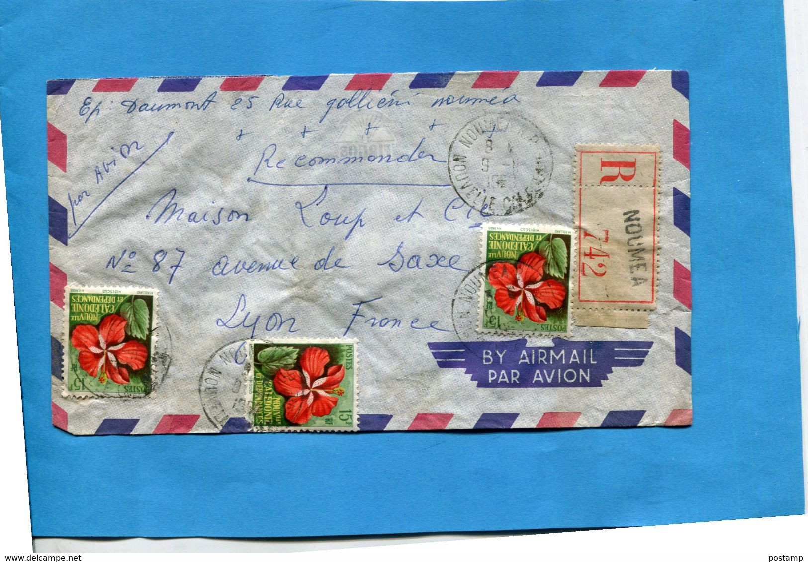 Marcophilie-NOUVELLE CALEDONIE -lettre-REC Nouméa-cad  1959  -3  Timbres N°289 Fleur - Cartas & Documentos