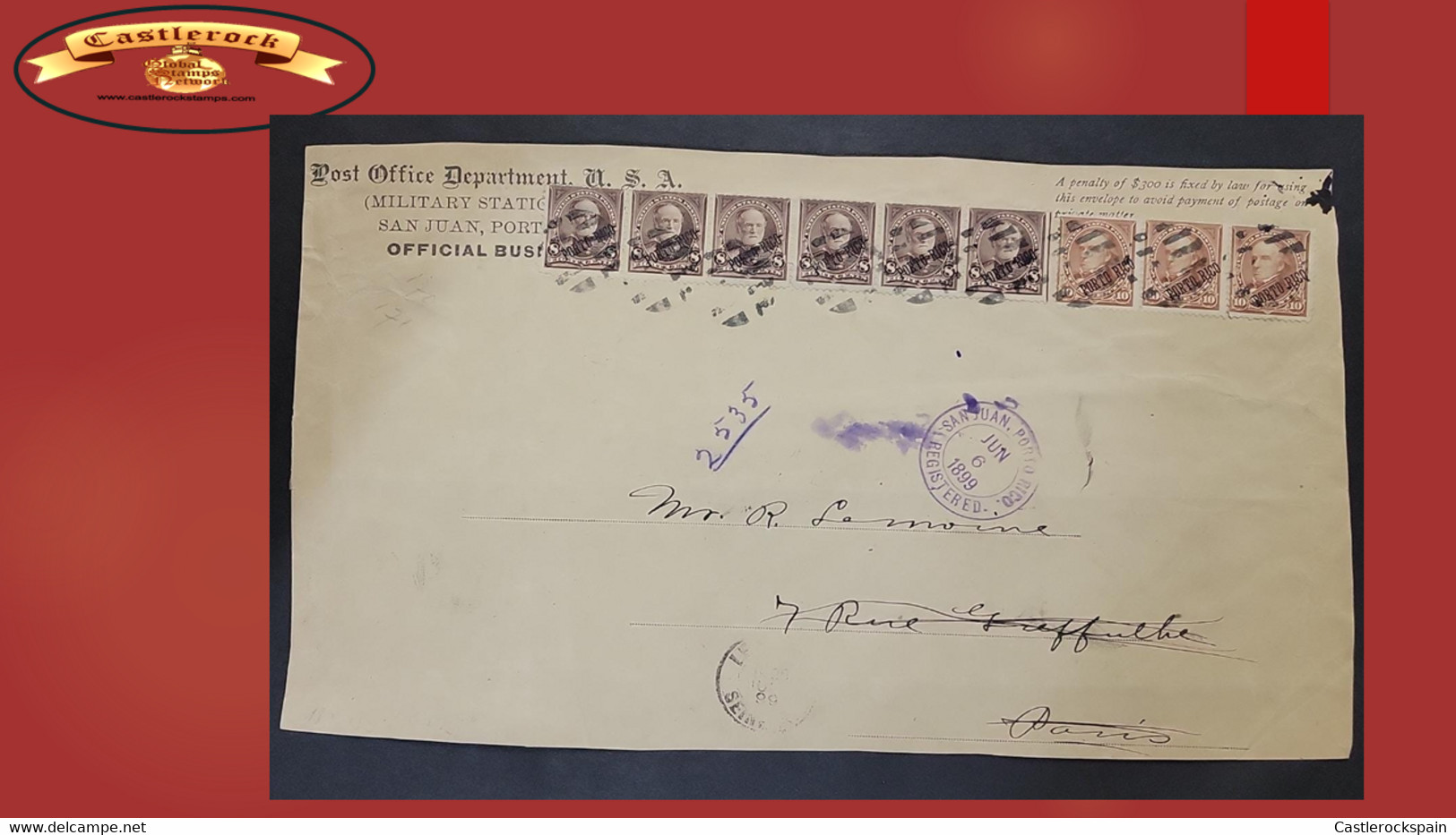 O) 1899 PORTO RICO, US ADMINISTRATION,  MILITARY STATION,  PENALTY BY LAW  FOR USING, THIS ENVELOPE TO AVOID PAYMENT, WI - Puerto Rico