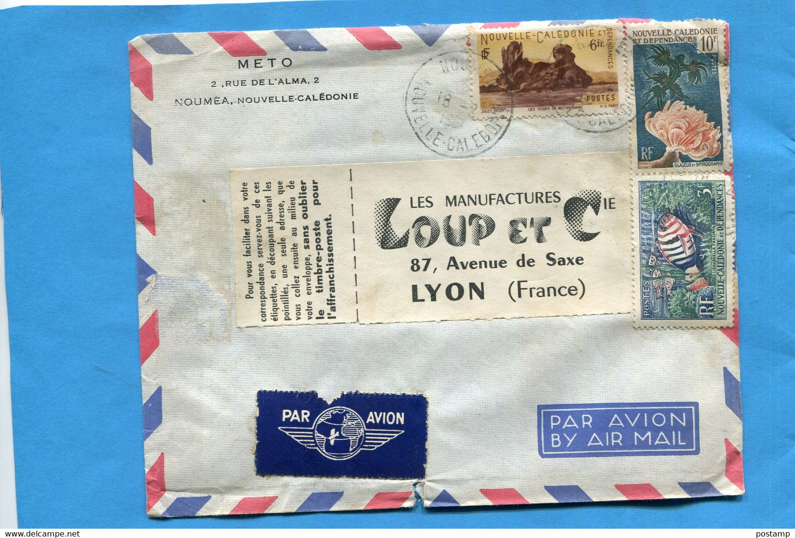 Marcophilie-NOUVELLE CALEDONIE-lettre- -cad NOUMEA-1959   -3  Timbres N°273+292-83 Coraux Et Poisson - Covers & Documents