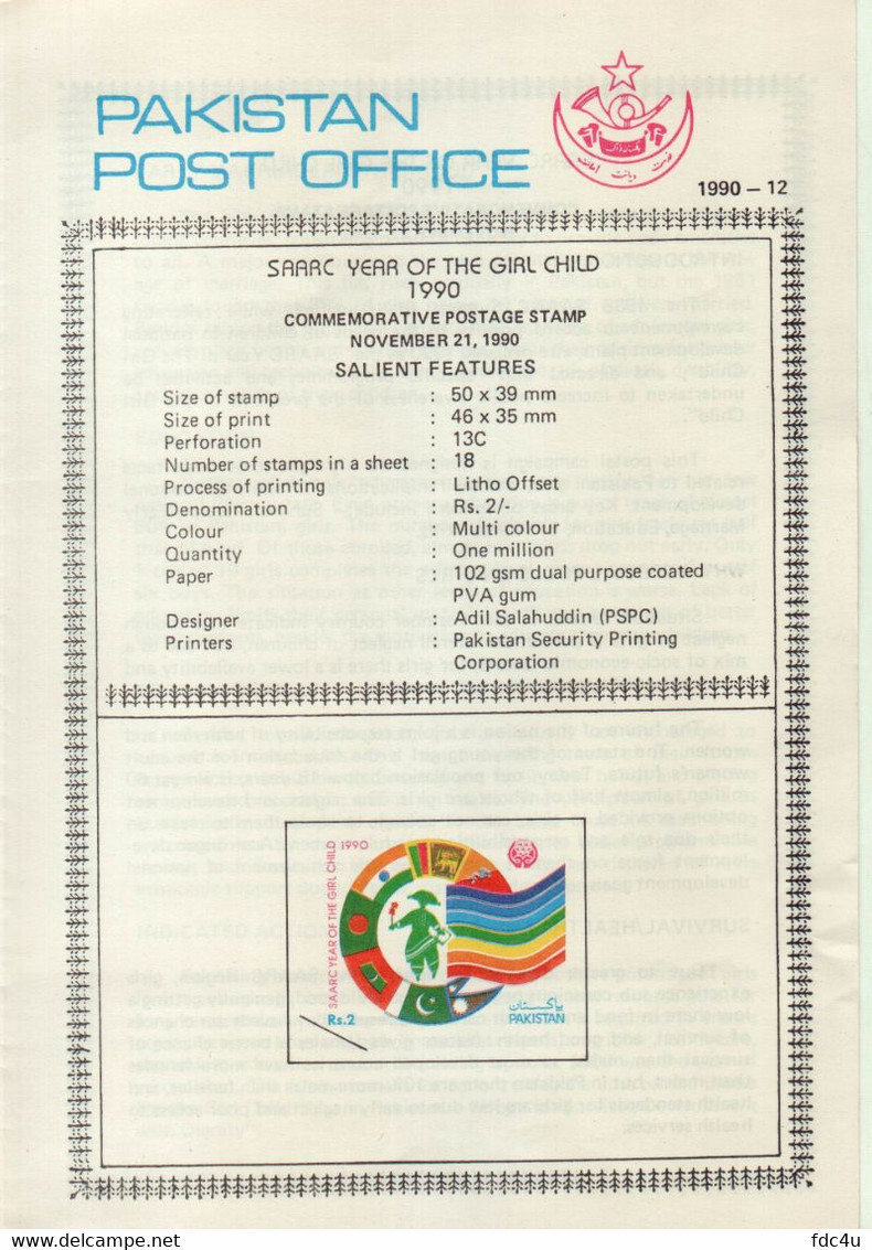 Pakistan Fdc 1990 Brochure & Stamp SAARC Year Of The Girl Child Flags - Pakistán