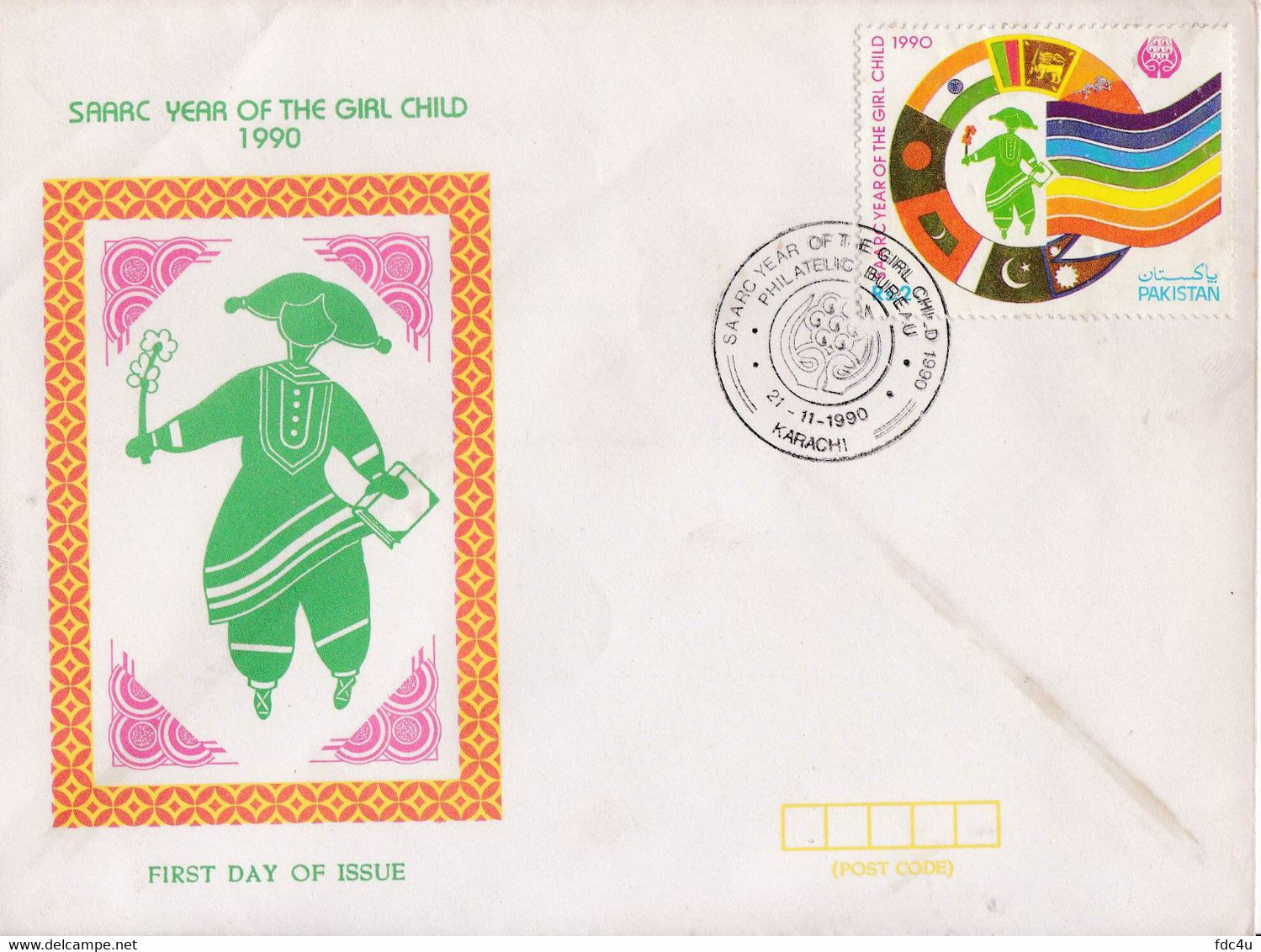 Pakistan Fdc 1990 Brochure & Stamp SAARC Year Of The Girl Child Flags - Pakistán