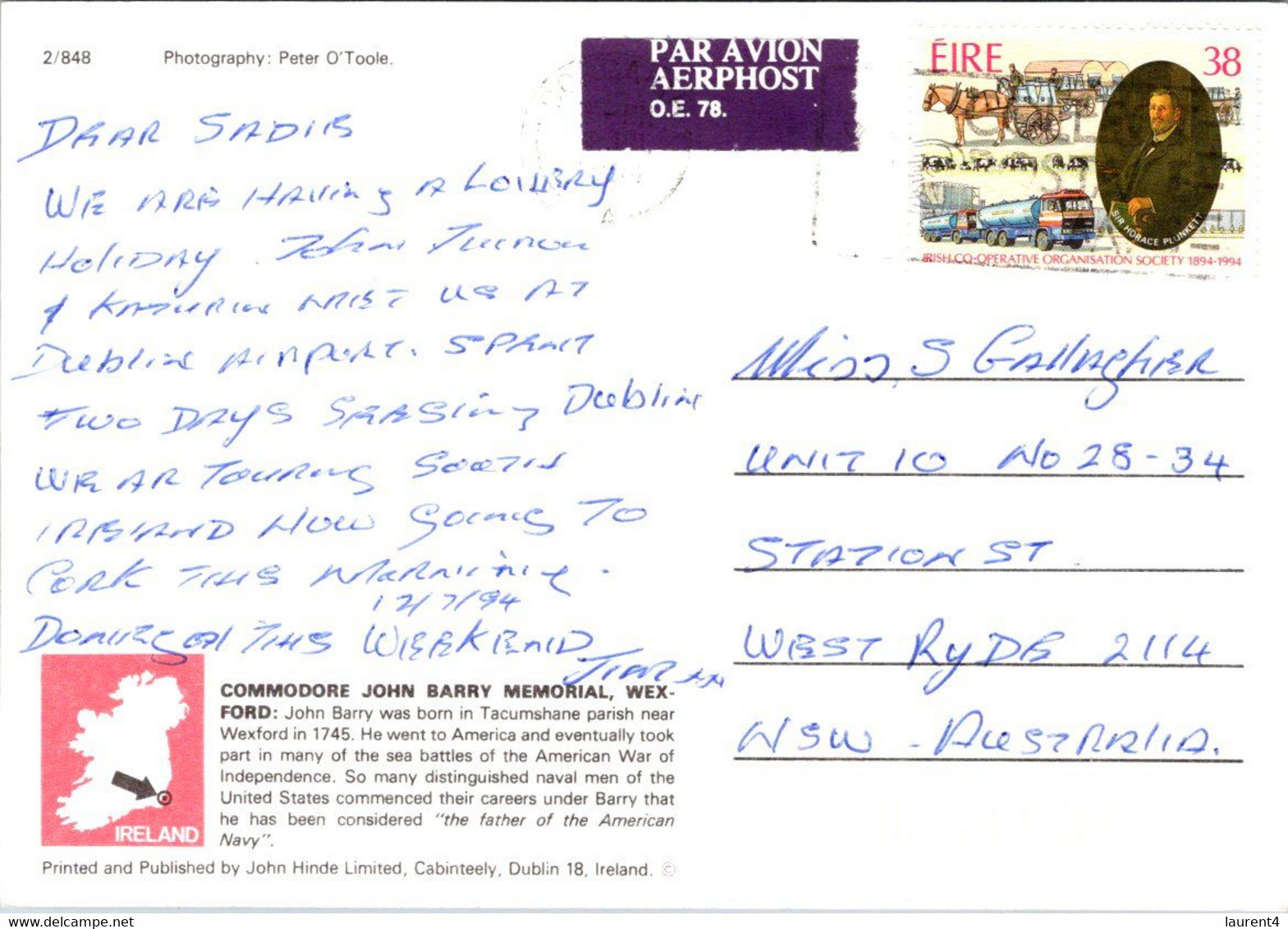 (1 G 9)  Ireland Postcard Posted To Australia (1994) - Wexford - Wexford