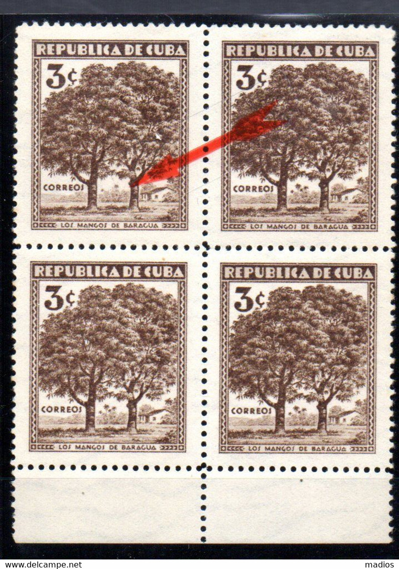 39566 CUBA  193 3c Independence Issue W/two Palms Variety Blk4 MNH - Geschnittene, Druckproben Und Abarten