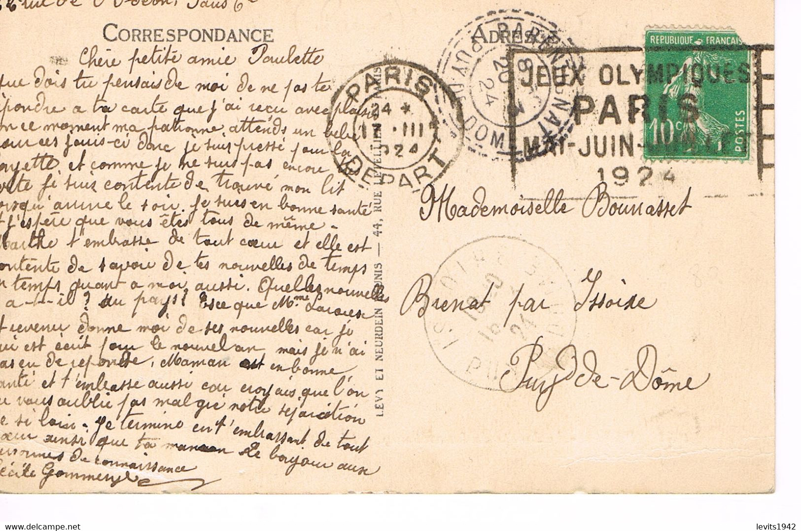 MARQUE POSTALE -  JEUX OLYMPIQUES 1924 - PARIS DEPART - 17-03-1924 - - Sommer 1924: Paris