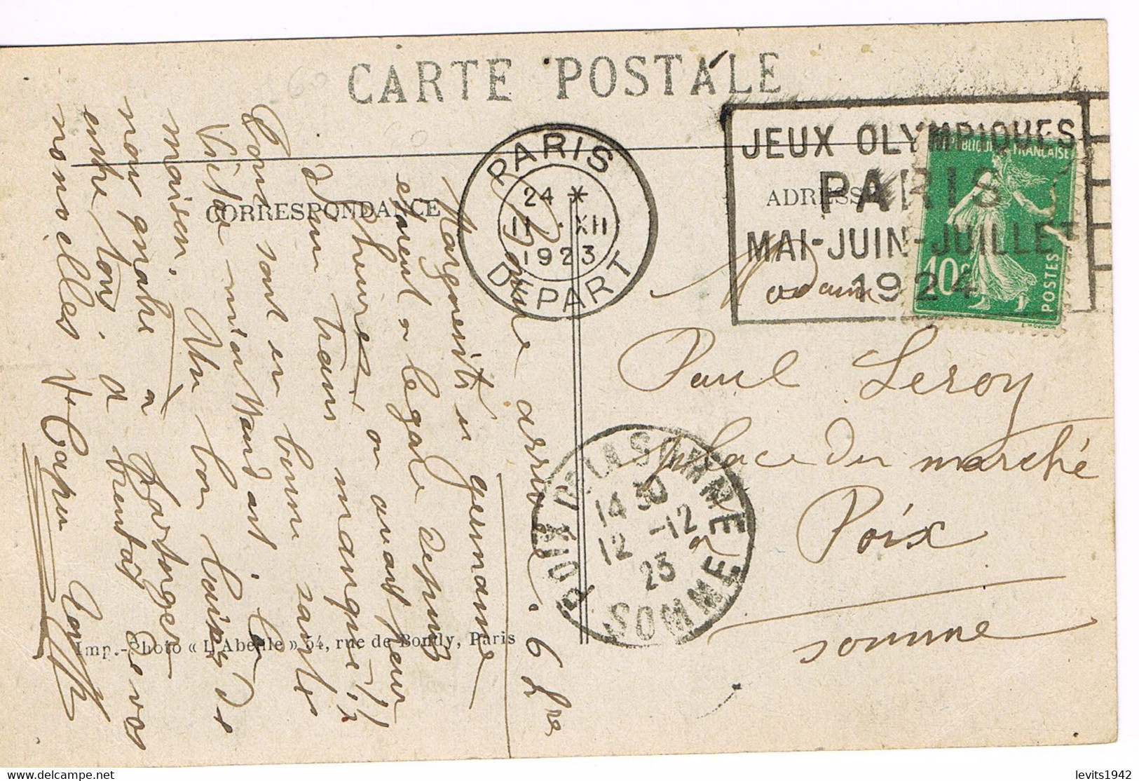 MARQUE POSTALE -  JEUX OLYMPIQUES 1924 - PARIS DEPART - 11-12-1923 - - Estate 1924: Paris