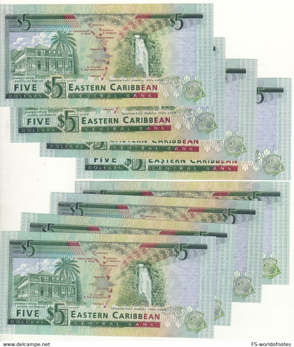 EAST CARIBBEAN "rare Complete Set" 5 Dollars (ND 1993 P26A,D,G,K,L,M,U,V !!)  Elizabeth II-Admiral's House+T's Falls - Caraïbes Orientales