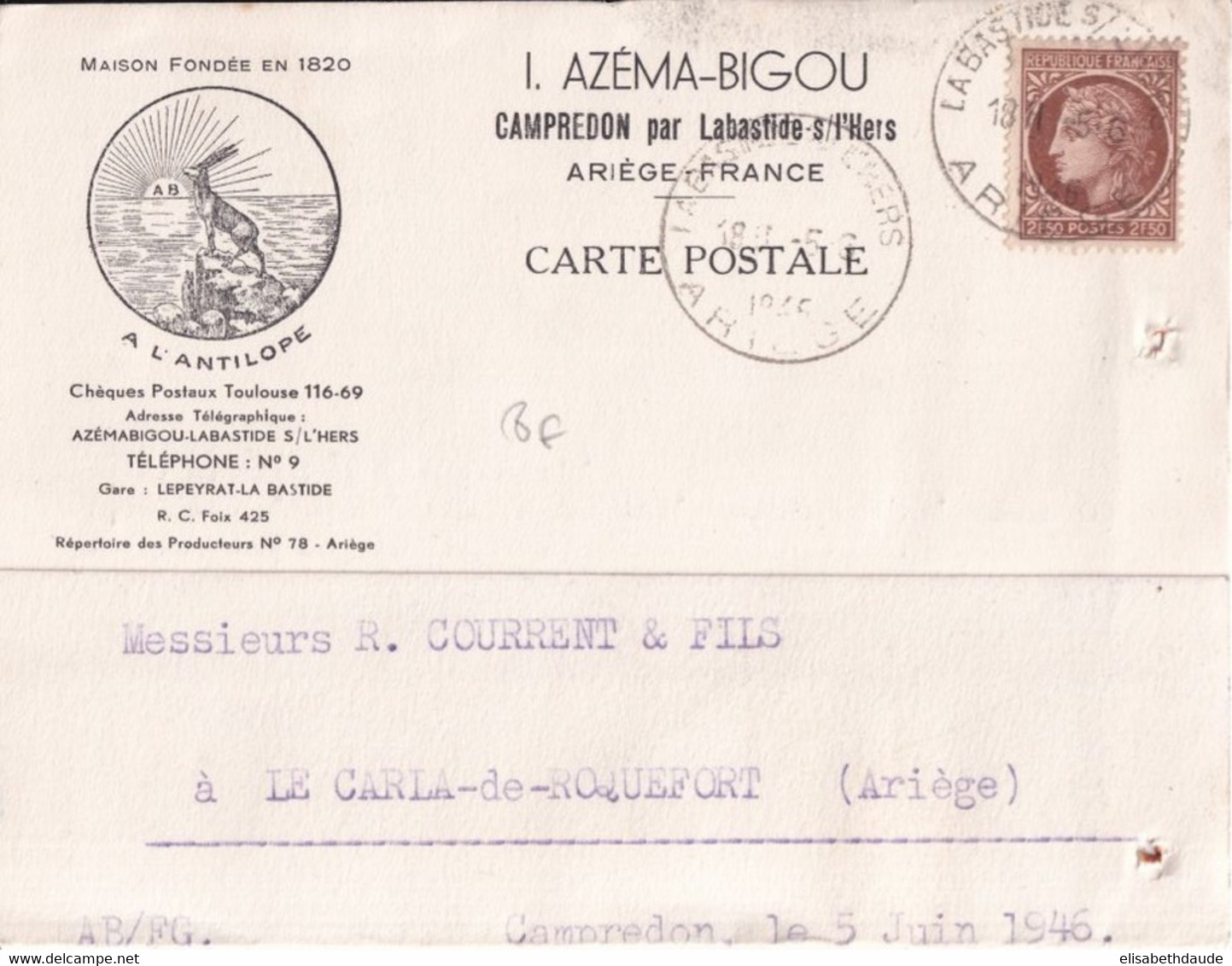 1945 - MAZELIN / CARTE PUB ILLUSTREE "A L'ANTILOPE" à CAMPREDON Par LABASTIDE SUR L'HERS (ARIEGE) - 1945-47 Cérès De Mazelin