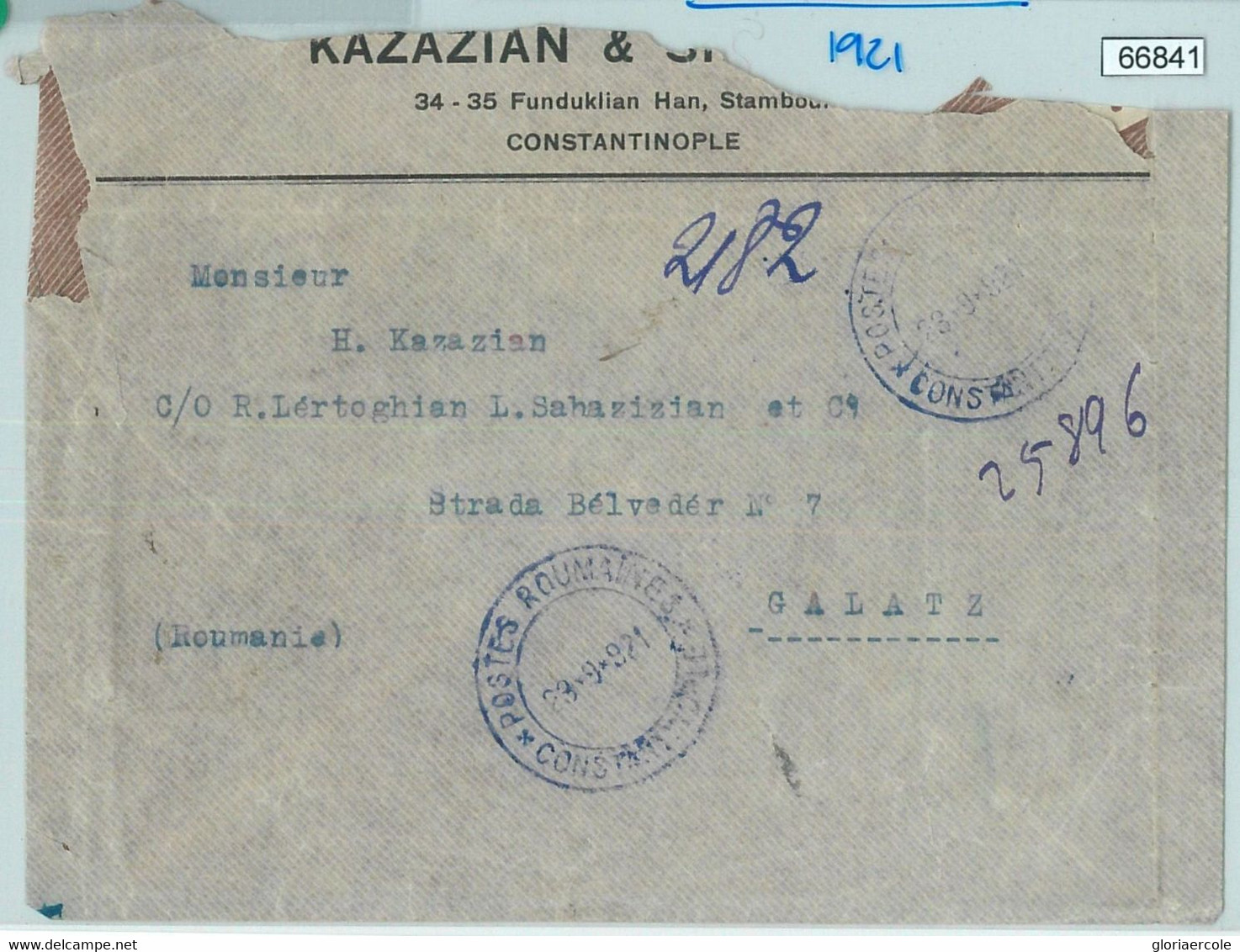 66841 - Postal History: COVER From ROMANIAN Postal Office In CONSTANTINOPLE 1921 - Levant (Turkey)